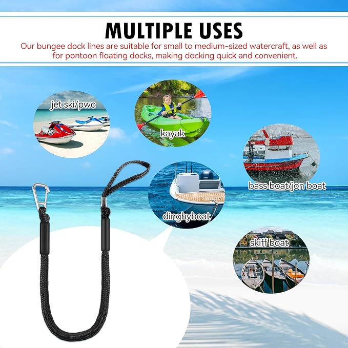 Boat Bungee Dock Lines – Adjustable Boat Tie Downs for Pontoon, Jet Ski, PWC, Kayak | Single Hook Small Cruiser Mooring Lines | (2, Black, 4 Feet)