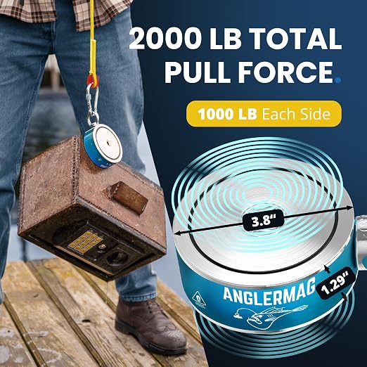 AnglerMag Magnet Fishing Kit - 2000 lbs Double Sided Neodymium Magnetic Fishing Stuff with Rope - 10 PCS Extra Strong Complete Gift Set with eBook, Carabiner, Gloves, Grappling Hook & Carrying Bag