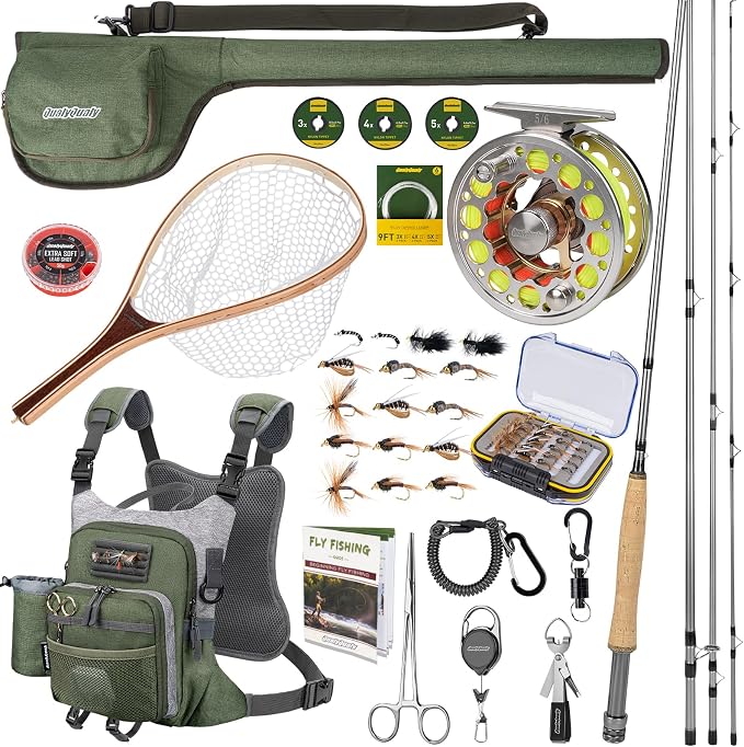 QualyQualy Fly Fishing Combo Starter Kit, 9Ft Fly Rod 4-Piece Graphite Rod with Bag, Accessories, Die Cast Aluminum Pre-Loaded Reel, Chest Pack, Fly Fishng Net & Flies
