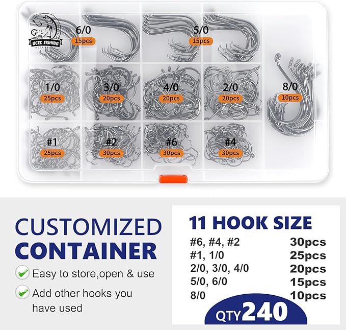 UCEC Circle Hooks Fishing Hooks 2X Strong Offset Circle Hooks Saltwater Black High Carbon Steel Octopus Catfish Fishing Hooks Fishing Gear Tackle 150pcs/ 240pcs - Size:#1 1/0 2/0 3/0 4/0 5/0 6/0 8/0
