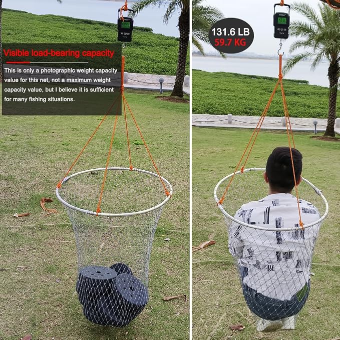 Drasry Foldable Bridge and Pier Fishing Landing Net - High Load-Bearing Aluminum Ring Drop Net for Saltwater Freshwater - Collapsible Basket With 49.2 FT Rope