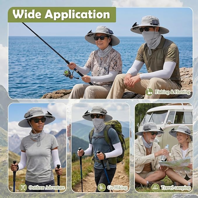 Syhood Solar Powered Fan Hat Neck Gaiter Arm Sleeves Sun Bucket Hat with Fan Cooling Wide Brim Hats for Fishing Hiking