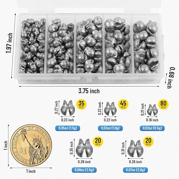 Caleb 200/320Pcs Split Shot Fishing Weights Sinkers, Removable Lead Fishing Weights, Premium Duckbill Reusable Fishing Sinkers for Freshwater Saltwater Bass Trout Fishing Accessories - 5/6 Sizes