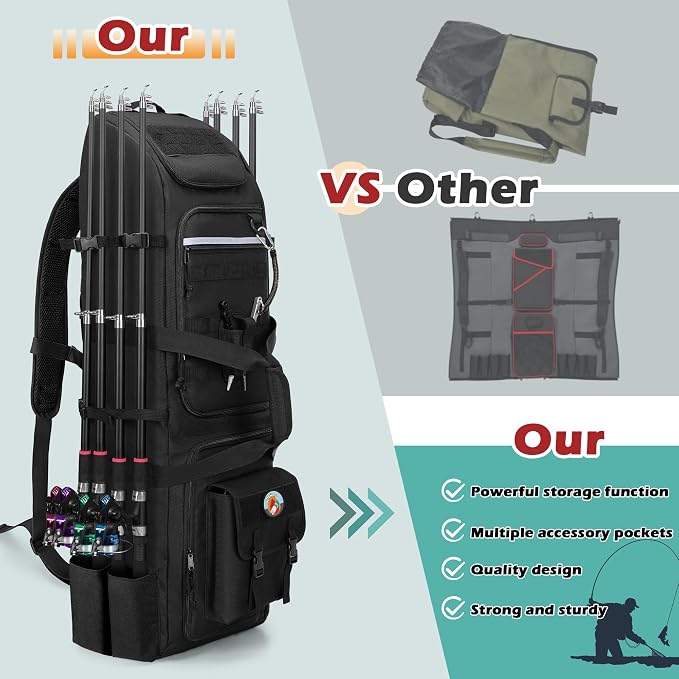 Rexmica Fishing Rod Bag Backpack Holds 8 Rods & Reels, Fishing Tackle Bag with Compartment for Tackle Boxes, Fishing Gear or Equipment, Fishing Pole Carrying Bag with Tactical Molle System