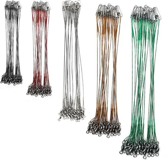 Stainless Steel Fishing Wire Leaders, Black Coated & Uncoated Options, Heavy Strength 31–100LB, 6–21in Multi Sizes with Rolling Swivels Snaps for Salt Fresh Water Shark Pike Barracuda