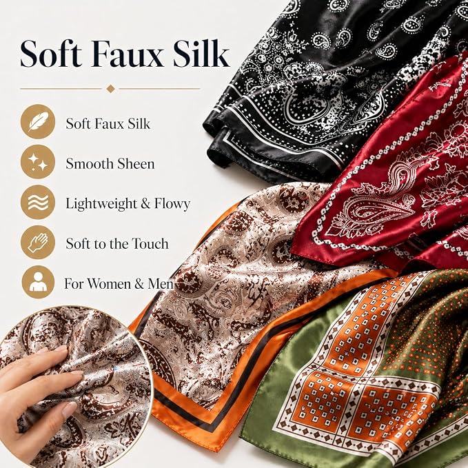 4PCS Neck Scarf Bandanas for Men and Women, Silk Feeling Head Scarfs, Fashion Neckerchief Square Purse Scarf