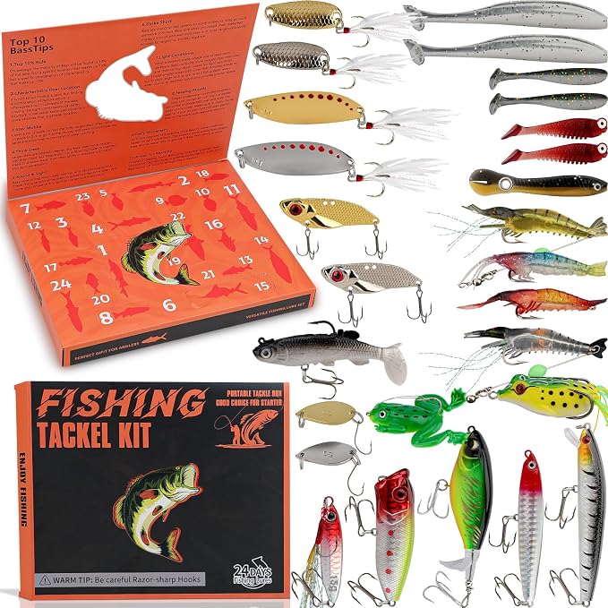 27Pcs Fishing Lures Kit, Hard and Soft Bait Set for Bass Trout Pike, Deep Diving Crankbaits with Premium Gift Box, Freshwater and Saltwater Fishing Tackle Gear for Men Dad Husband