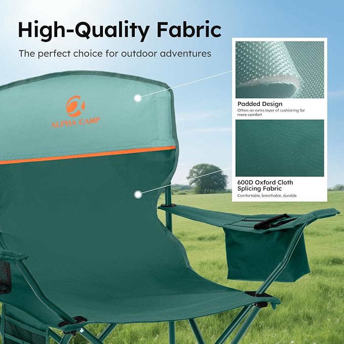 ALPHA CAMP 2-Pack Camping Chair with Cooler Bag, Heavy Duty 250lbs Capacity Folding Chair with Lumbar Support & Side Pocket, Portable Quad Chairs for Beach Fishing Tailgating & Sideline Sport