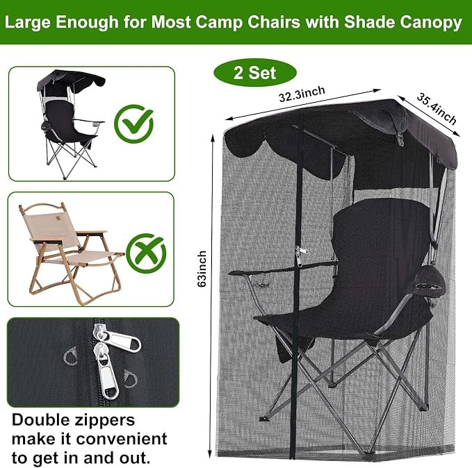 2PCS Mosquito Net Cover for Canopy Chair, 63"H Bug Barrier Mosquitos Mesh Tent Black Chair Mosquito Netting with Zipper 35"X32" Waterproof Roof for Fishing Camping Chairs Outdoors, Chair Not Included