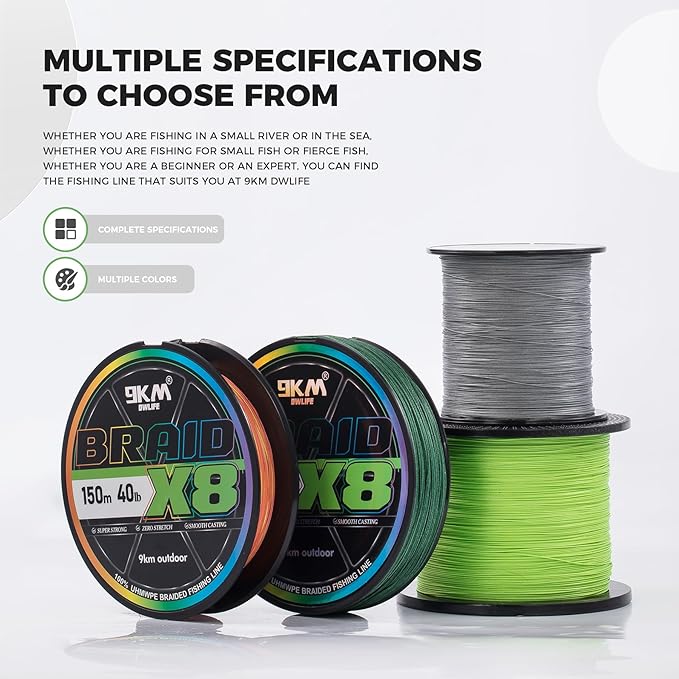 9KM DWLIFE Braided Fishing Line 8LB-120LB Dyneema Fishing Line, Zero Stretch & Anti-Bite Coating for Freshwater/Saltwater Fishing 4/8 Strands
