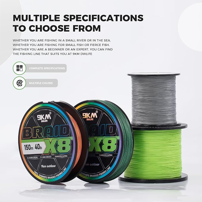 9KM DWLIFE Braided Fishing Line 8LB-120LB Dyneema Fishing Line, Zero Stretch & Anti-Bite Coating for Freshwater/Saltwater Fishing 4/8 Strands