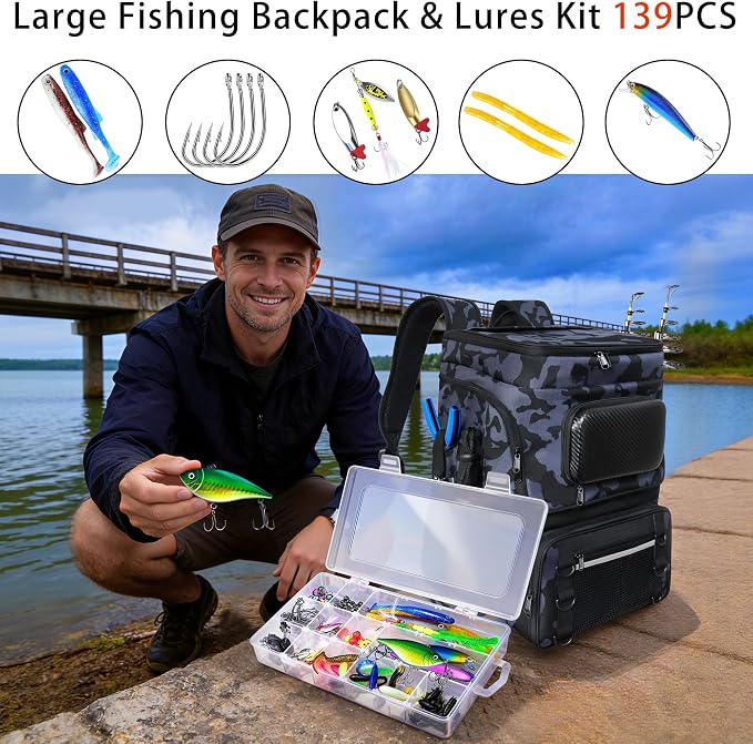 Fishing Backpack with Rod Holder and Tackle Boxes, Cooler, Large 50L Fishing Gear Bag with 139 Fishing Lures Kit, Fish Tool Set, Fish Gifts for Men Woman-Grey Backpack