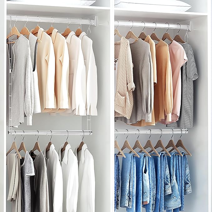 STORAGE MANIAC Hanging Closet Rod, Adjustable Width and Height Closet Hanging Organizer, Space-Saving Clothes Hanging Bar, Closet Extender Hanging Rod Double Closet Hanging Rod, 2 Pack Chrome