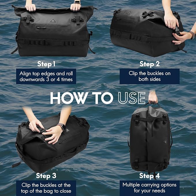 Haimont IPX7 Waterproof Roll-Top Dry Duffel Backpack | 60L/90L Sizes, 500D Tarpaulin, Welded Seams, Mesh Pockets, Boating & Kayaking