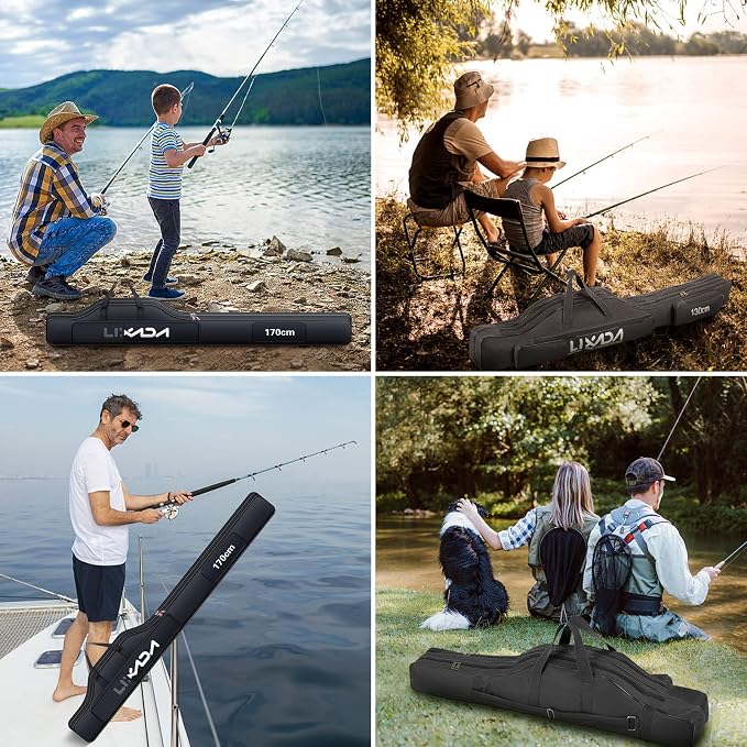 Lixada Fishing Rod Case, Portable Folding Fishing Rod Case Fishing Pole Reel Storage Bag Fishing Gears Organizer