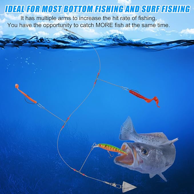 Fishing Leaders Saltwater Tackle Surf Fishing Rigs High Strength Steel Fishing Wire Leaders with Swivel Snaps Beads Gear Equipment for Lures Bait Hooks, 1Arm 2Arms & 3Arms