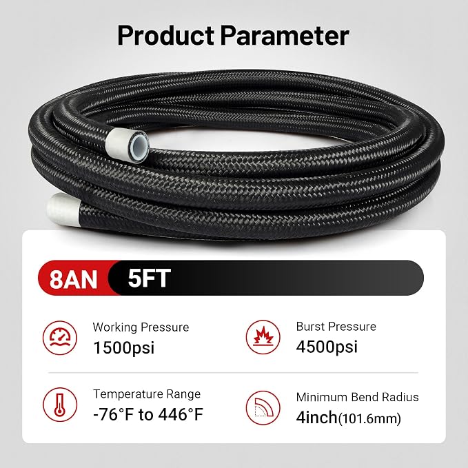 EVIL ENERGY 8AN PTFE Fuel Hose Line, AN8 Fuel Line E85 Nylon Braided 5FT Black