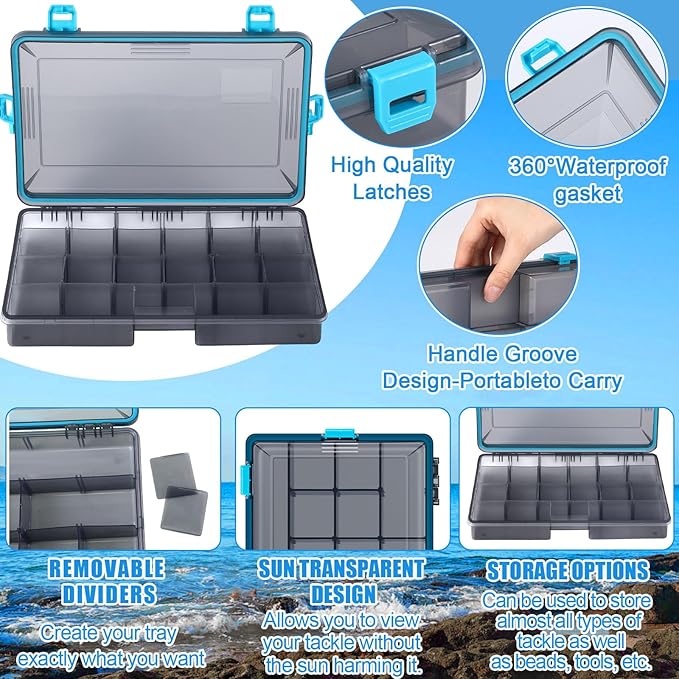 Wonderjune 6 Pack Fishing Tackle Boxes Waterproof 3600 and 3700 Tackle Trays with Removable Dividers Plastic Storage Organizer Bait Vault Camouflage Box for Freshwater Saltwater (Blue,3700)