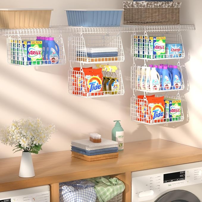 3-Pack Laundry Room Organization and Storage, Hanging Wire Basket for Laundry with 360°Rotating Hooks, Over Washer and Dryer Shelves, Laundry Organizers and Storage Basket, White