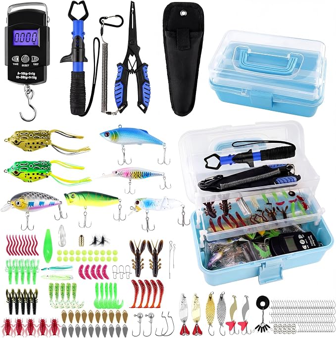 3-Layer Fishing Tackle Box with Tackle Included, Fishing Tools Kit Includes Pliers Fish Lip Gripper Scale Crankbait Spinnerbaits Soft Baits Hooks, Ideal Gift for Angler Saltwater Freshwater (Blue)