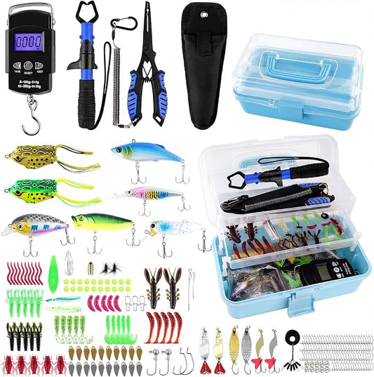 3-Layer Fishing Tackle Box with Tackle Included, Fishing Tools Kit Includes Pliers Fish Lip Gripper Scale Crankbait Spinnerbaits Soft Baits Hooks, Ideal Gift for Angler Saltwater Freshwater (Blue)