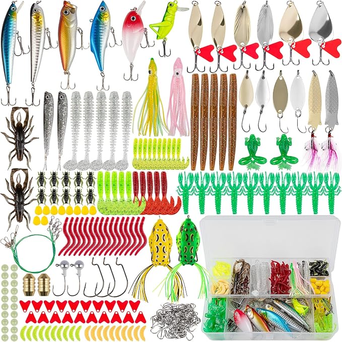 GOANDO Fishing Lures Kit for Freshwater Bait Tackle Kit for Bass Trout Salmon Fishing Accessories Tackle Box Including Spoon Lures Soft Plastic Worms Fishing Gifts