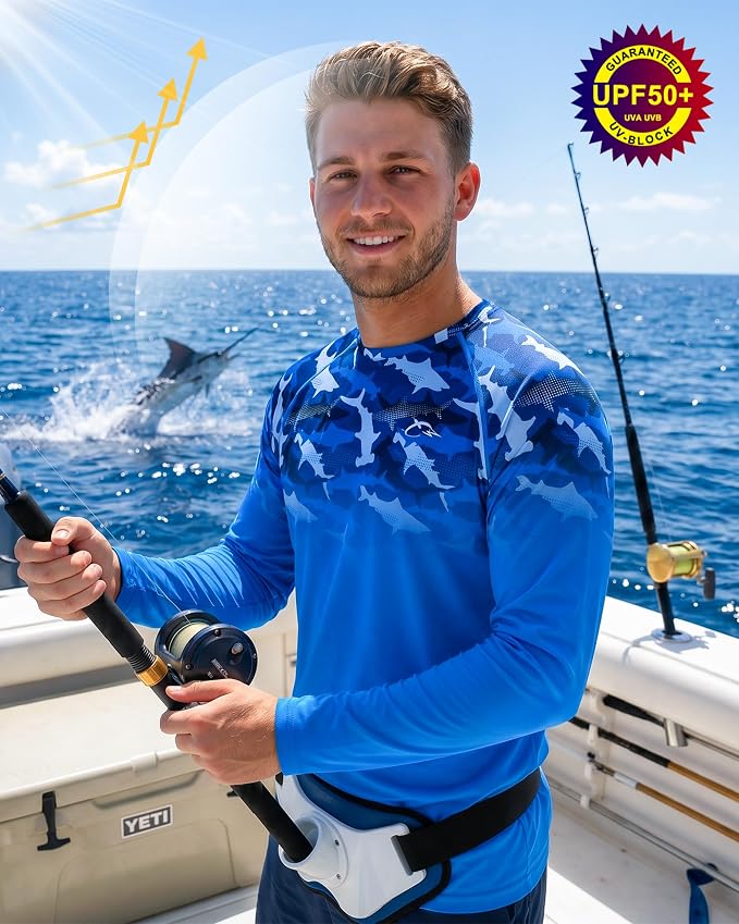 FISHEAL Men's Long Sleeve Fishing Shirts, UPF 50+ Camo Sun Protection Rash Guard, UV Shirt for Swimming Hunting Outdoor