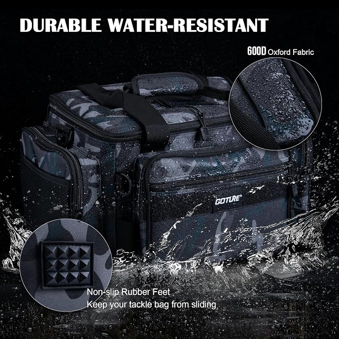 Goture Fishing Tackle Bag,Store Up to 4PCS 3700 Tackle Boxes(Not Included),600D Soft Side Water-Resistant Saltwater Gear Storage Fishing Bag with Rod Straps,Detachable Water Bottle Pouch,SBS Zippers