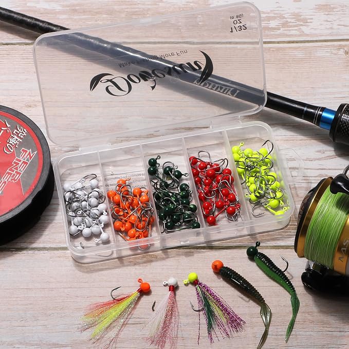 Dovesun 100pcs Fly Tying Jigs Kit, Jig Heads for Fly Fishing 1/124oz 1/80oz 1/64oz 1/32oz 1/16oz Jig Head Small Fly Fishing Hooks DIY Lure Making Kit Suit for Tying Flies | Crappie Lures