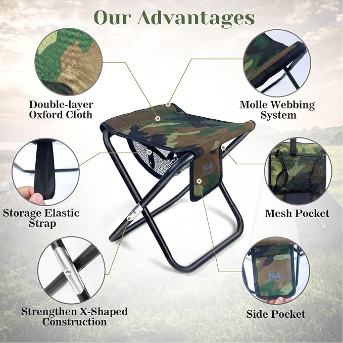 Upgraded 13 Inch Portable Folding Camping Stool with Side Pocket Mesh Pocket and Molle System, Lightweight Foldable Stool for Adults Gardening Travel BBQ Fishing with Carry Bag[Camo]