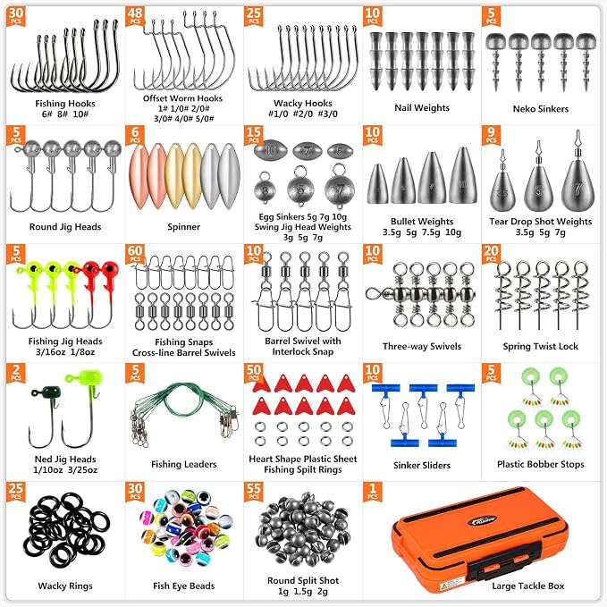 PLUSINNO Fishing Gear Accessories Kit, 449PCS Fishing Tackle Box with Tackle Included, Fishing Hooks, Fishing Weights Sinkers, Jig Heads, Fishing Tackle Set Equipment for Bass Trout, Gifts for men