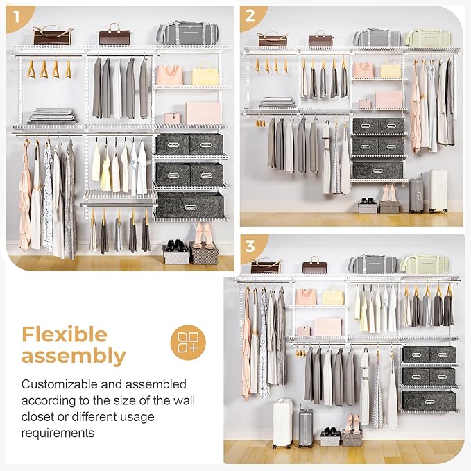 Wire Closet Organizer System, Wall Mounted 8.7 Ft. Custom Closet Kit for Bedrooms, Adjustable Storage Shelves for Clothes, Shoes, and Handbags
