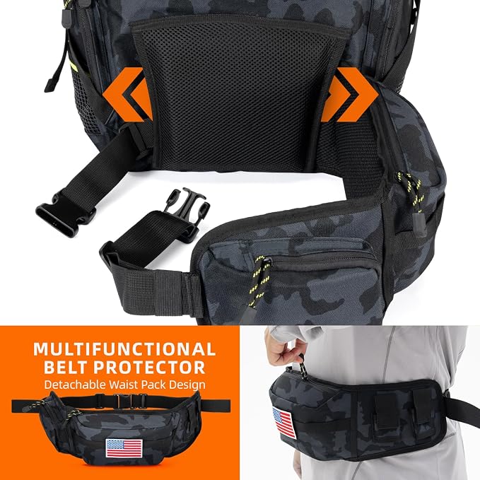 Ghosthorn Fishing Tackle Backpack with 4 3600 Tackle Boxes Rod Holder Outdoor 43L Large Bag with Detachable Wasit Bag Storage Gear and Equipment Waterproof