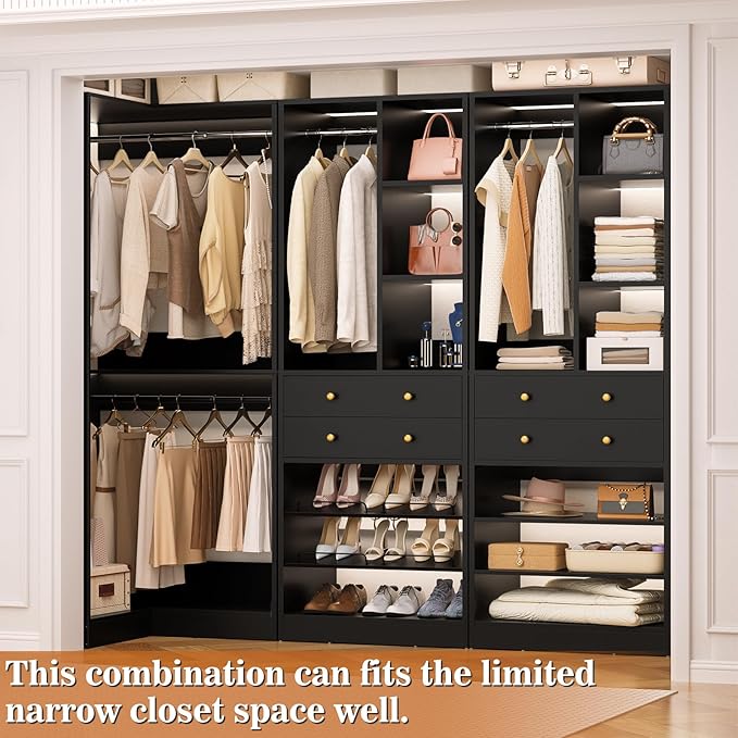Closet System with 4 Drawers and Hanging Rods, 59.5"L / 87"L Closet Organizer System with Corner Tower, L Shaped Walk-in Closet System, Corner Closet System with Shelves, Set of 3, Black
