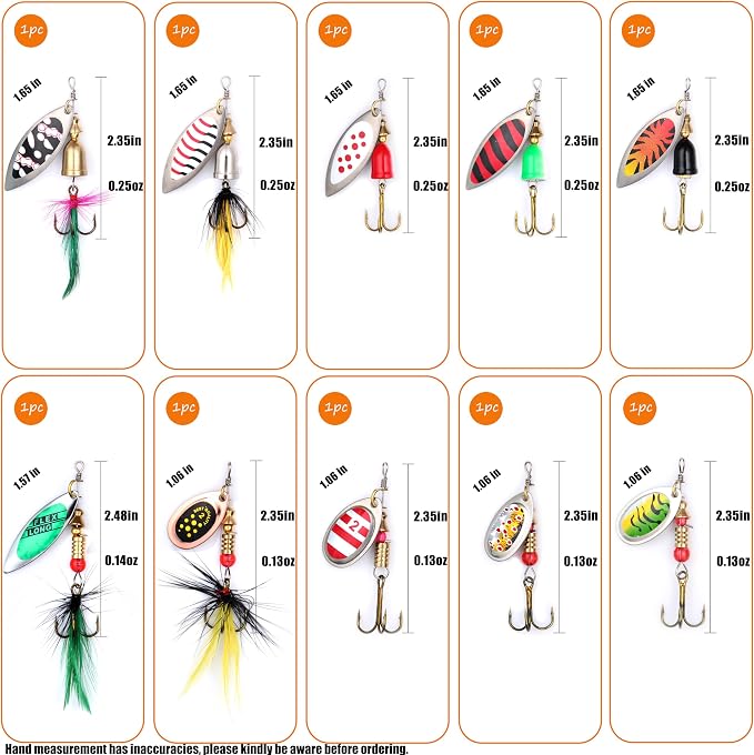 EXAURAFELIS 10/30pcs Fishing Lure Spinnerbait with Feathered Treble Hooks Rooster Tail Fishing Lures Spoon Lures for Bass Salmon Trout Spinner Baits with Tackle Box