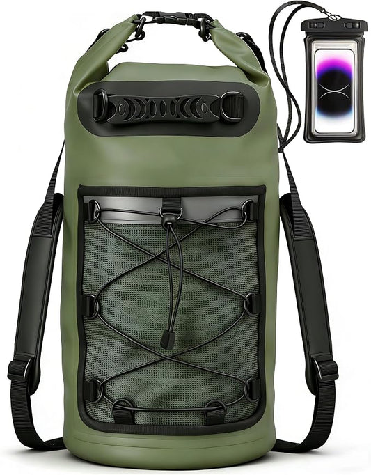 SHENDU 20L Waterproof Dry Bag - Roll-Top Backpack w/Waterproof Phone Case for Kayaking, Hiking, Camping, Boating, Beach Unisex（green）
