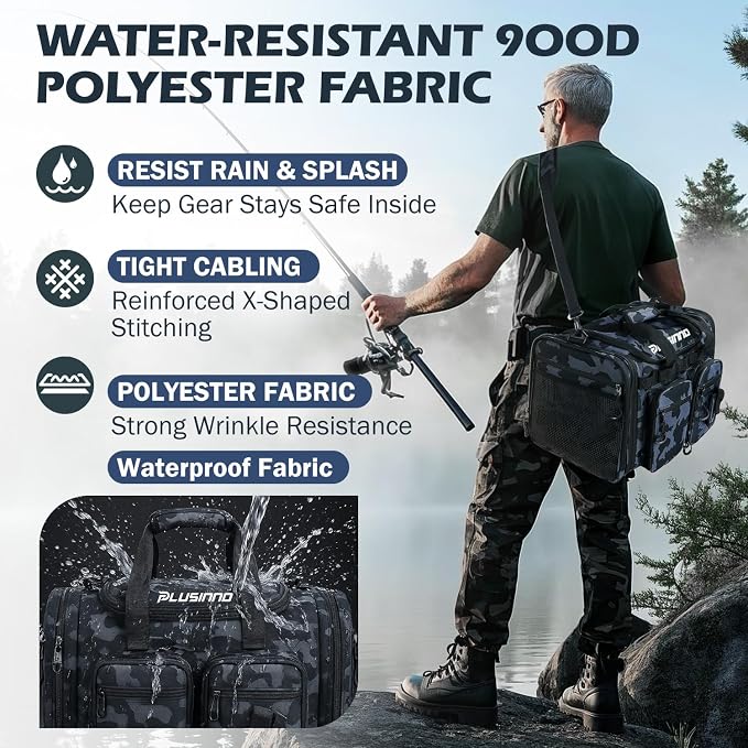 PLUSINNO Tackle Bag - Expandable Fishing Bag with fishing tools for Saltwater & Freshwater - Water Resistant Fishing Gear Shoulder Bag For Men, All-purpose Carrying Bags for Outdoors