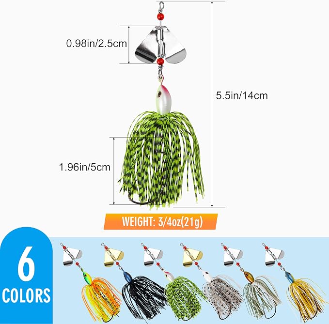 Spinnerbait Fishing Lures Kit Set, 6pcs Bass Fishing Buzzbait Multicolor Bass Trout Salmon Metal Spinner Baits Swim Jigs Freshwater Saltwater Fishing