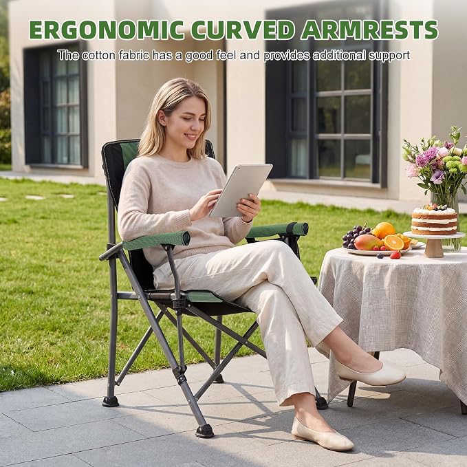 New Folding Fishing Chair with Rod Holder, 150Kg Heavy Duty All Terrain Chair with Side Pocket, Cup Holder, Portable Adults Armchair for Outdoor, Camping, Garden, Beach, Lawn, Picnic Black Green