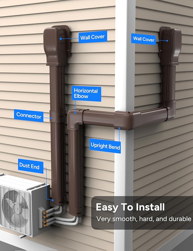 Brown Flat Elbow, Flexible Level Bend Cover Line Set Cover Kit Accessories for Ductless Air Conditioners and Heat Pumps, PVC Decorative Upgraded UV-Proof Strong& Durable (3" Fixed)