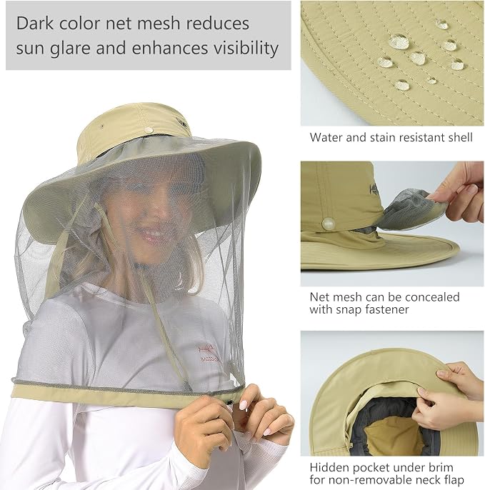 BASSDASH UPF 50+ Mosquito Sun Hat with Hidden Head Net and Neck Flap for Men Women Outdoor Fishing Hiking Camping