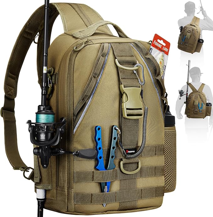 Piscifun Fishing Backpack with Rod Holder, Lightweight Sling Bag Storge Gear and Equipment