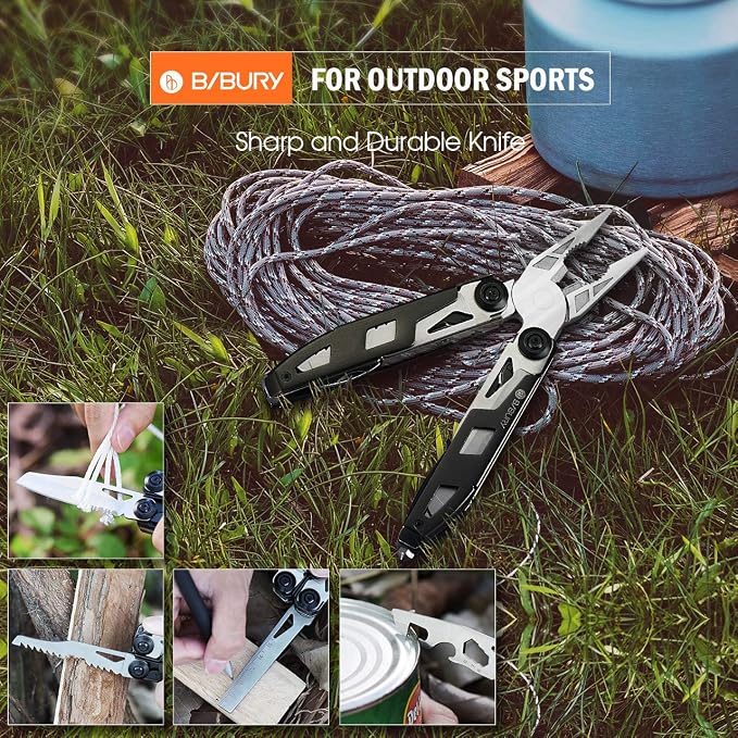 BIBURY Multitool Pliers, 18-in-1 Multi Tool with Safety Hammer, Safety Locking Design Stainless Steel Multifunction Pocket Knife for Outdoor, Survival, Camping, Hiking, Home Repair - Black
