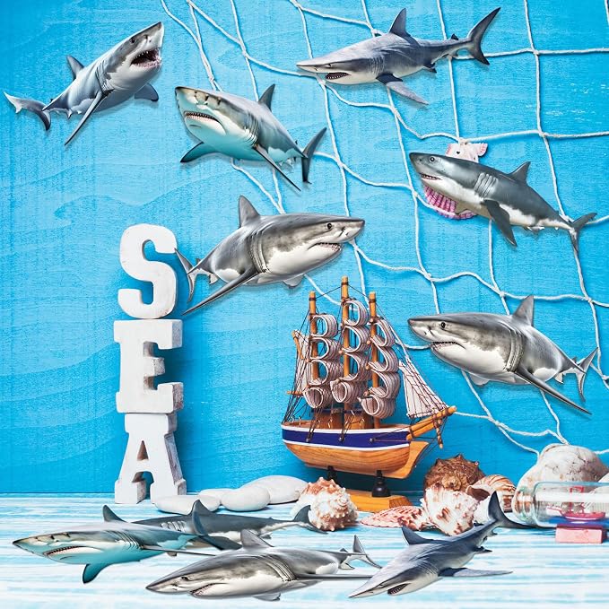 Silipull 11 Pcs Shark Birthday Party Decorations Kit Fishing Net Cute Cardstock Photo Prop for Birthday Sea Animal Indoor Outdoor Dessert Table Party Supply
