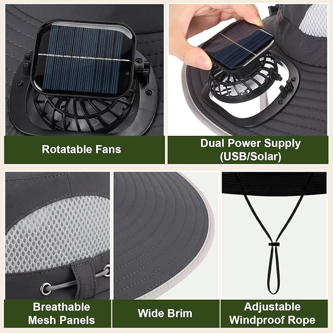 Syhood Solar Powered Fan Hat Neck Gaiter Arm Sleeves Sun Bucket Hat with Fan Cooling Wide Brim Hats for Fishing Hiking
