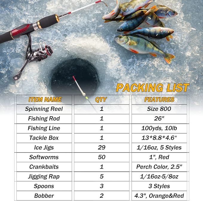 Dr.Fish Ice Fishing Rod and Reel Combo, Ice Fishing Pole Gear Spinning Reel Equipment Set Backpack Chair Jigs Lures Accessories