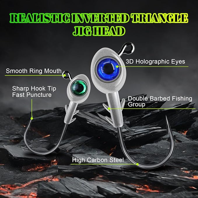 3D Fish Eye Jig Heads, 5 Colors with Lifelike Eyes, Multi Weights, Barbed Fishing Hooks for Walleye Bass Crappie