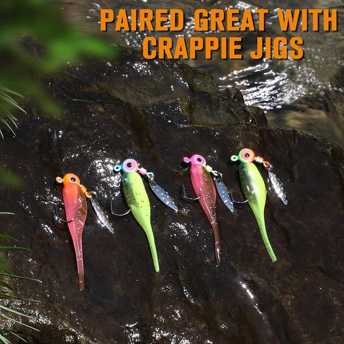 Dovesun Crappie Lures Kit Fishing Soft Plastic Lures Crappie Walleye Trout Bass Fishing Baits Fishing Grub Worms Minnow Paddle-Tail Split-Tail Grub Swimbaits 50-100Pcs with Tackle Box