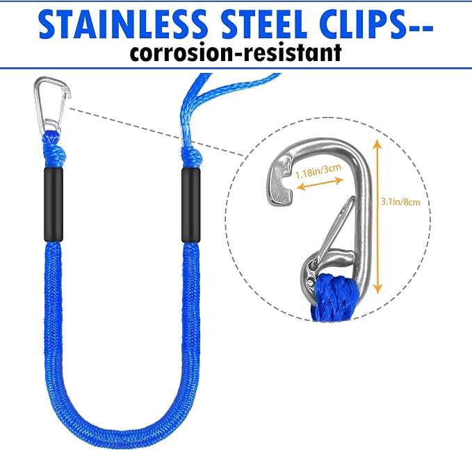 Boat Bungee Dock Lines – Adjustable Boat Tie Downs for Pontoon, Jet Ski, PWC, Kayak | Single Hook Small Cruiser Mooring Lines (2, Blue, 4 Feet)