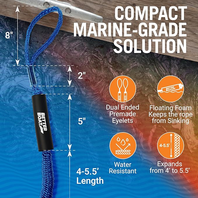 2-Pack Blue Bungee Dock Lines, Marine Grade Boat Rope, Jet Ski or PWC Mooring Ties, Boating Accessories for Boats